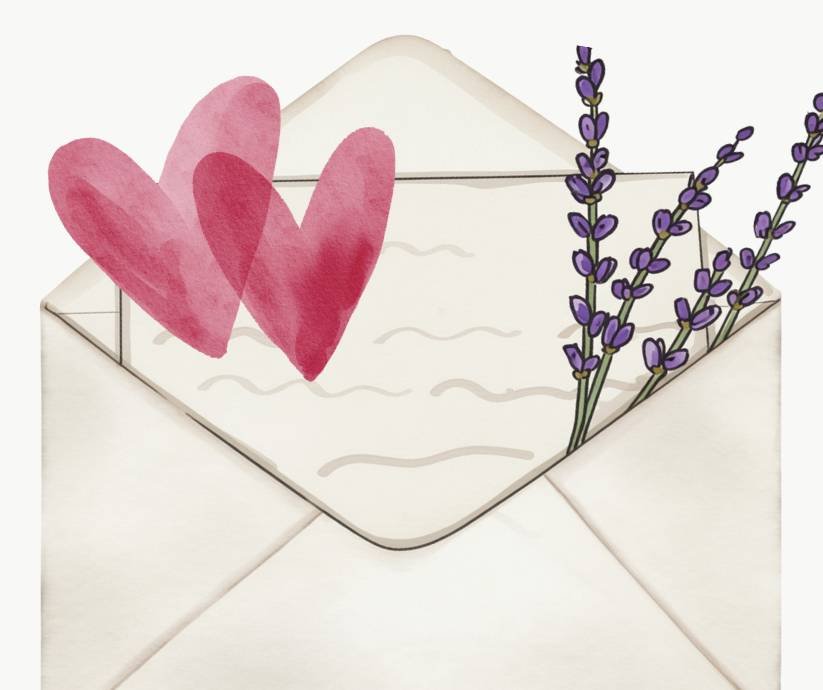 Illustration eines Umschlags mit Herz und Lavendelzweig