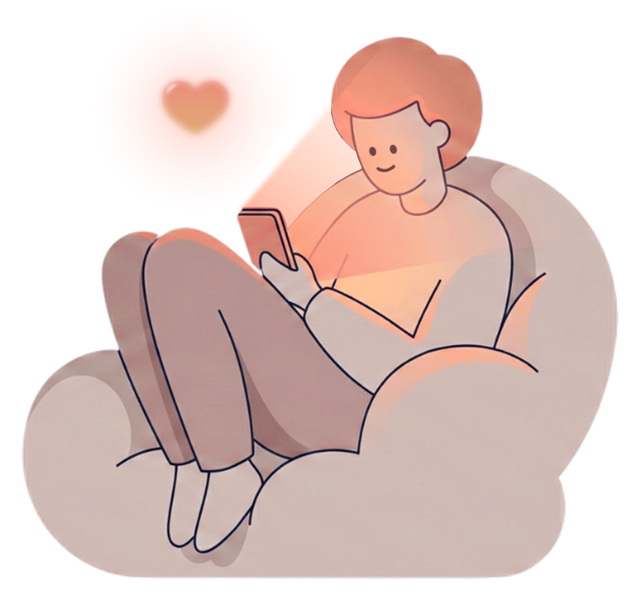 Illustration einer sitzenden Person, die auf ein Handy schaut